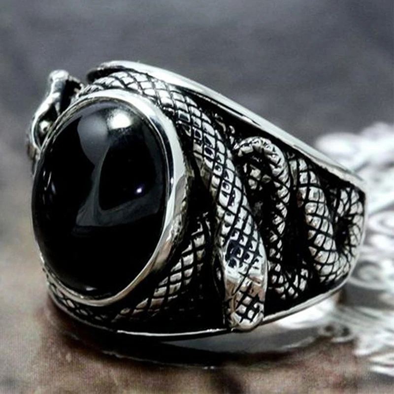 Punk Black Gem Stone Ring For Men Vintage Jewelry Ancient Silver Color Cross Snake Carved Metal Oval Zircon Finger Ring Gift