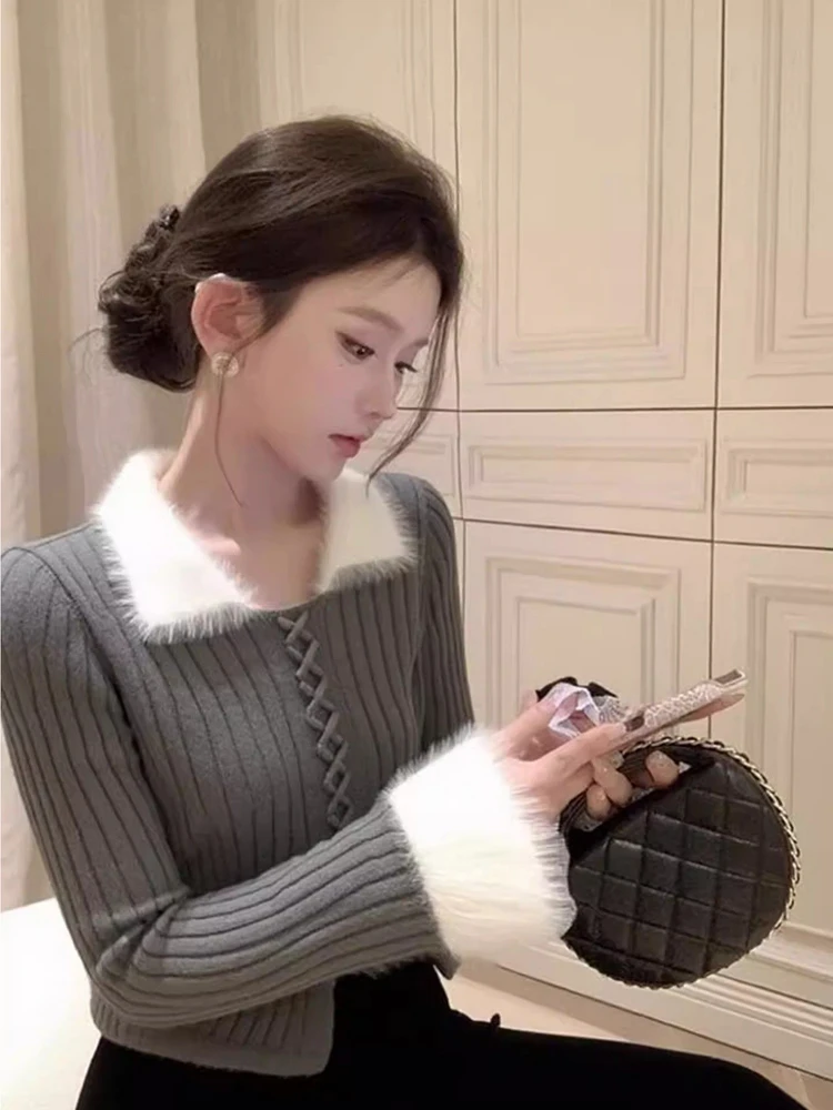 

Women's Slim Fit Knitted Sweater with Collar Belted Long Sleeve Base Layer Top Color Block Short Style Korean Version Spring