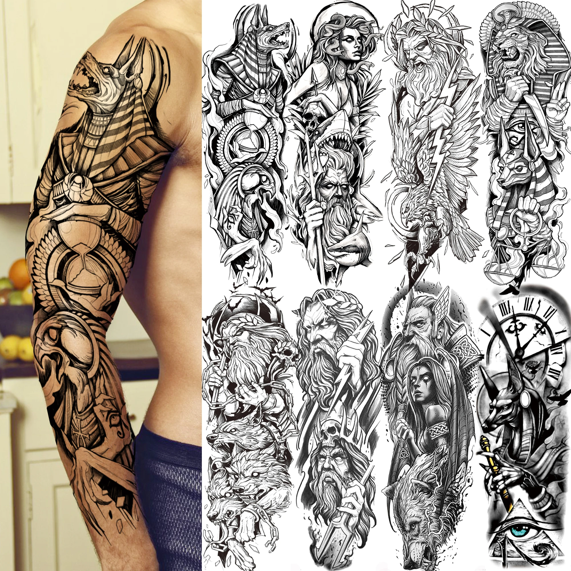 1 feuilles grande taille Zeus dieu Poseidon manches longues tatouages temporaires pour hommes femmes adulte bras corps cuisse tatouage autocollant noir faux