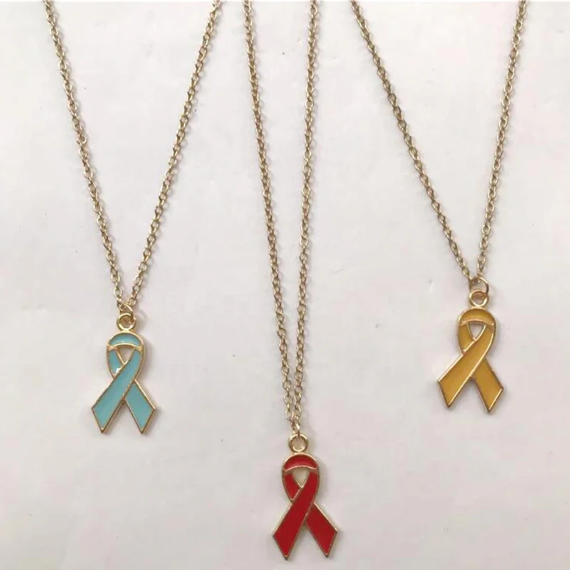 Gold Color Enamel Breast Cancer Awareness Necklace Women\'s Fashion Costume Jewelry Choker Chain Pendant Boutique Accessory