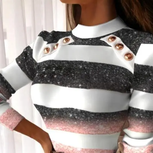 

Women's T-Shirt Pullover 2023 New Long Sleeve Fashion Sequin Stripe Printing Round Neck Long Sleeve Top Daily Work T-Shirt