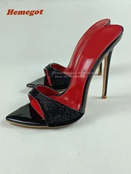 Strass a punta Slip On pantofole Stiletto tacchi Super alti scarpe da festa in morbida pelle nera Sexy Large Size 44 elegante Club