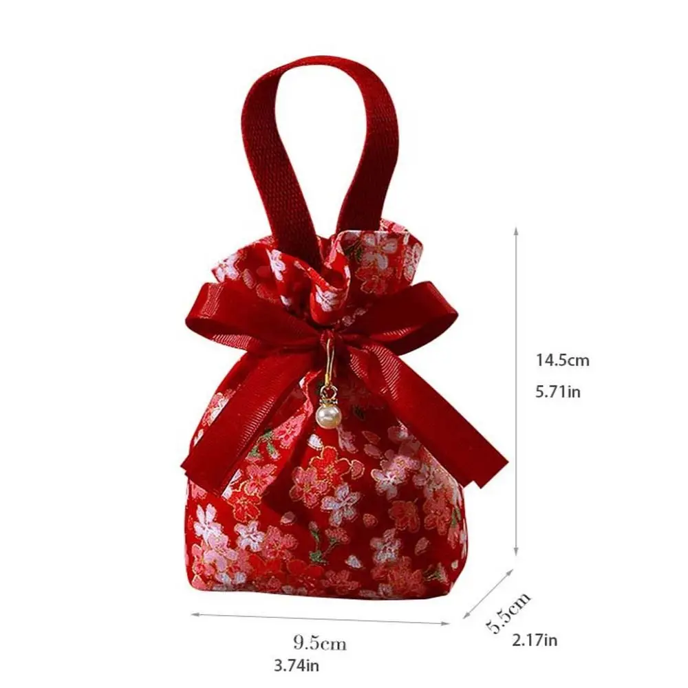 Pearl Pendant Flower Drawstring Bag Large Capacity Satin Bow Festive Sugar Bag Coin Purse Wallet Bucket Bag