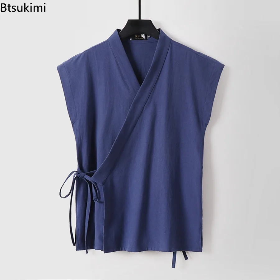 Chinese Traditional Clothes Men's Cotton Linen Tank Tops Sleeveless Tang Suit Tops Kimono Cardigan Solid Vintage Hanfu Vest Male