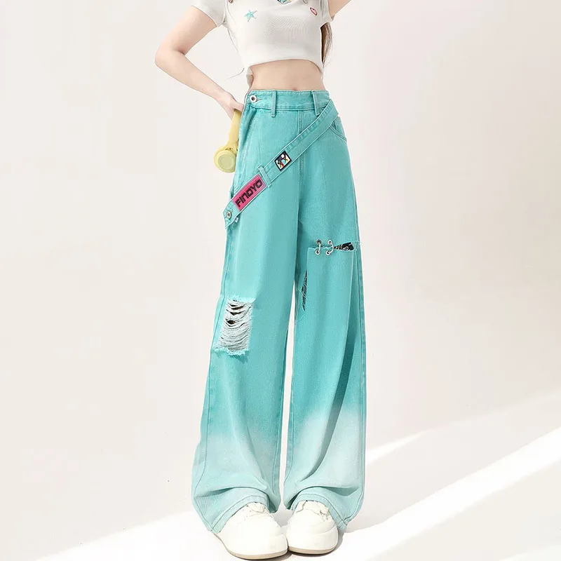 New Women's Ripped Denim Wide-leg Pants Spring Summer, Jeans Female Loose Perforated Straight Denim Trousers Side Zipper Tide