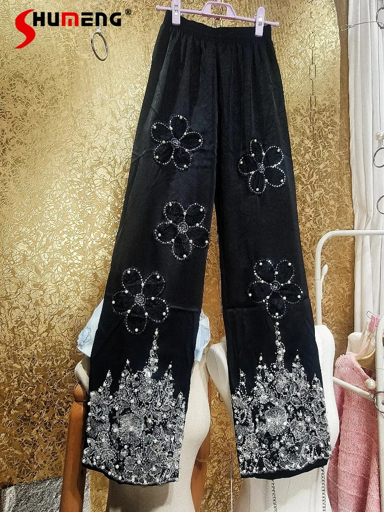 

2026 Women's Fashion Light Luxury Trousers Sequin Flower Beaded Embroidered Lace Trousers High-End Fairy Straight Wide Leg Pants