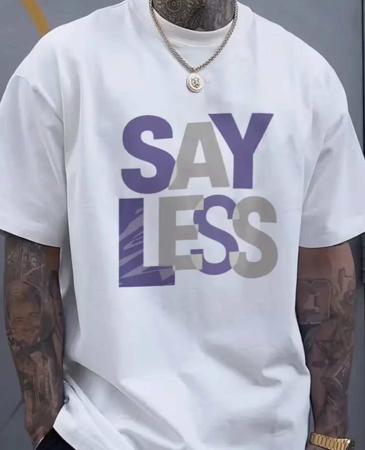 Men's Plus Size Black T-Shirt, Purple and White SAY LESS Print, Suitable for Casual Wear, PLUS SIZE T-Shirt