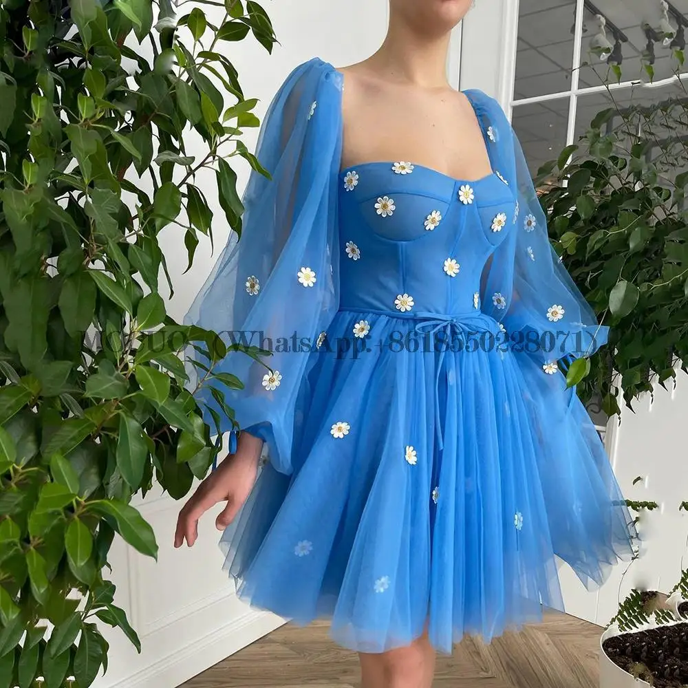 

Prom Dress Puff Sleeves Daisies Tulle Pastoral Princess Mini Sweetheart Backless Evening Homecoming Gown Robes De Soirée