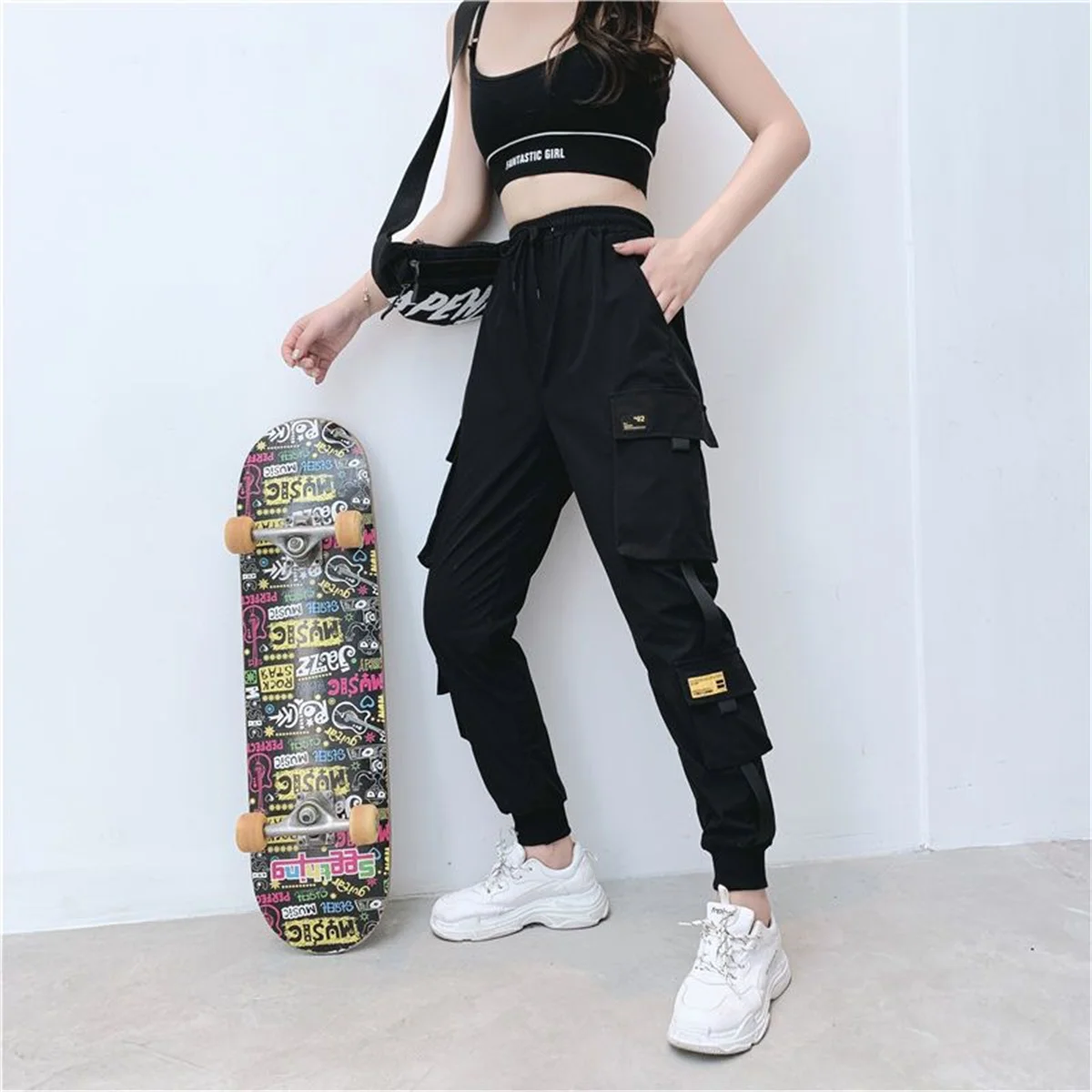 Celana kargo wanita, celana kargo hitam, celana joging pinggang tinggi longgar, celana Hip Hop Korea, celana Punk lucu
