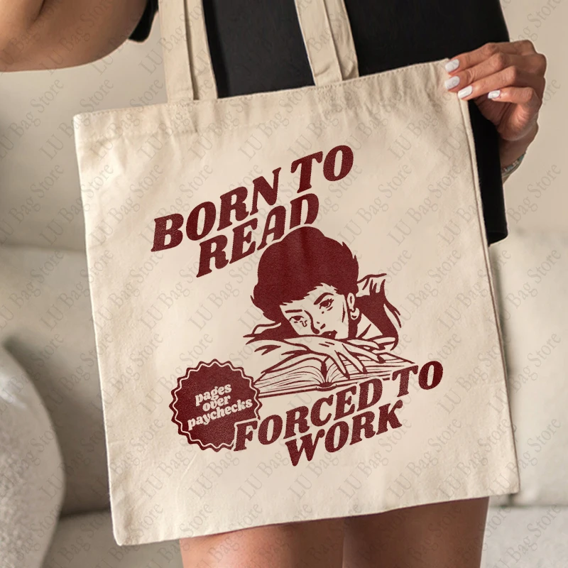 Born To Read Bookish Pattern Tote Bag Canvas Shoulder Bags Women\'s Reusable Shopping Bag Book Lover Bookish Gift for Her