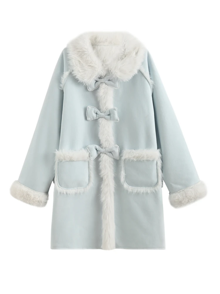 Japanese Style Elegant Sweet Girl Plush Loose Overcoat Patchwork Doll Collar Bow Loose Versatile Long Jackets Coat Women Winter