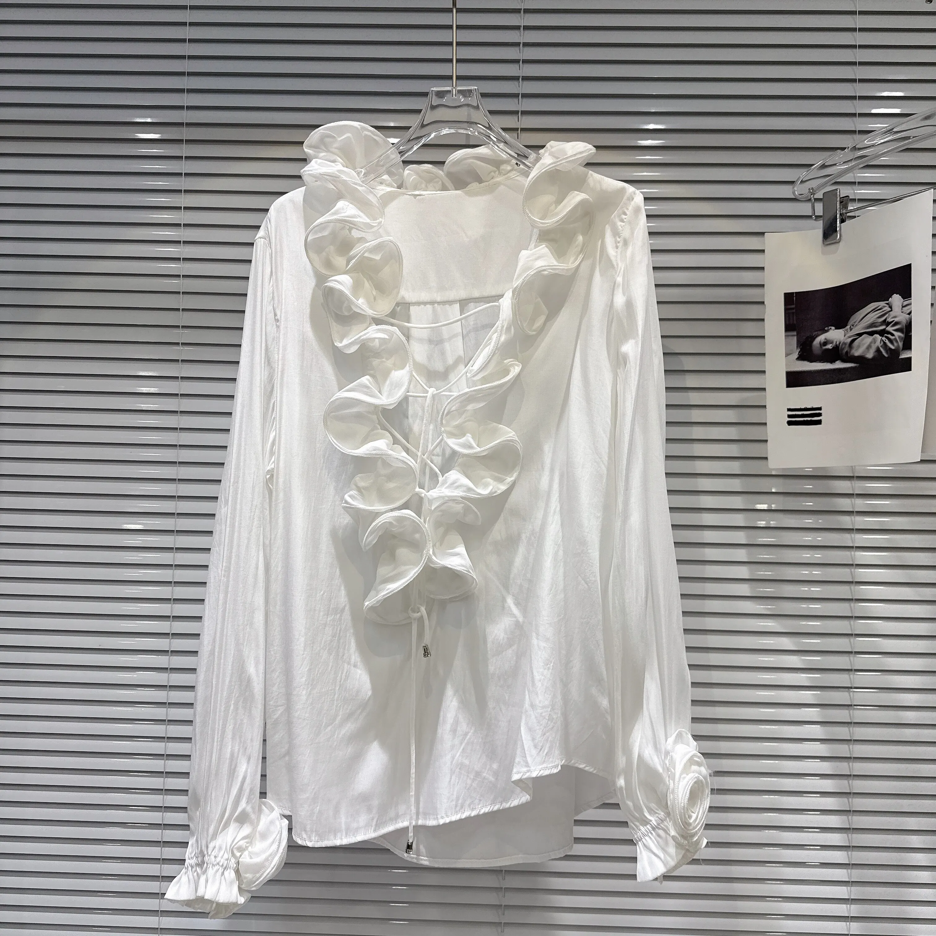 Spring Autumn Fashion Wrinkle Chiffon Shirt Female Flower Collar Trumpet Sleeve Loose Drawstring Blouse Tops Women