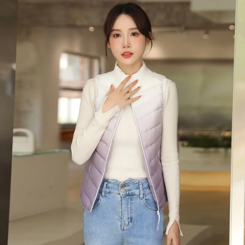 2025 Otoño Invierno sin mangas gradiente abajo chaleco mujeres ultraligero pato blanco abajo chaleco abrigo mujer cálido chaqueta corta sin mangas