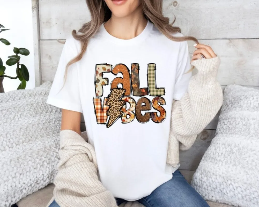 Fall Vibes T Shirt Women Leopard Plaid Lightning Bolt Print Autumn Casual Tops Streetwear Daily Wear Fashion Holiday Top