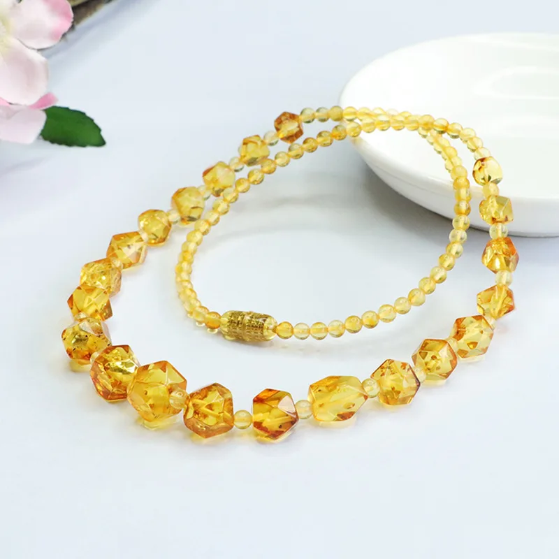 Natural Amber Necklace Flower Plate Neck Chain Gold Bead Lanyard