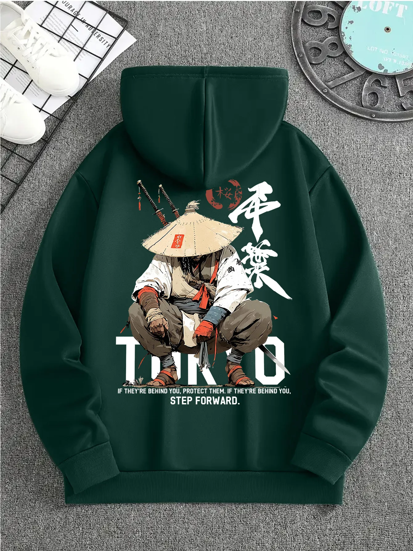Men'S Japanese Samurai Swordsmanship Hooded Sweatshirt, Geometric Print Casual Hoodie, Soft Stretchy Fabric, Retro Streetwear Style, Regular Fit, Spring/Fall Weekend Wear, Ideal for Everyday Casual Look
