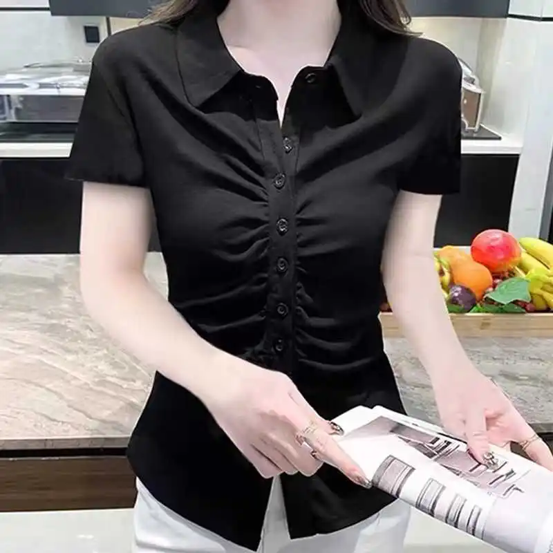 

Slim Fit ort Sve irt Women's Retro Pleated Button up Summer Top Korean Sle Commute Faion Single Button T-irt