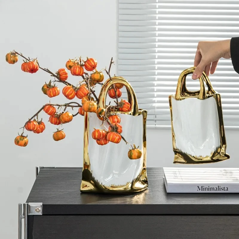 

Creative Handbag Shape Vase Gold-plated Ceramic Plant Pot Table Decoration Flower Arrangement Flowers Vases Room Aesthetic Decor