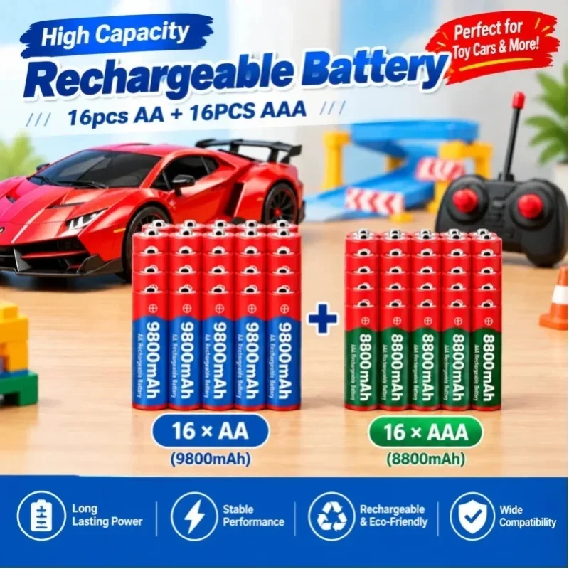 1,5V Wiederaufladbare Batterie, AAA 8800mAh+AA 9800mAh Alkaline-Technologie, Geeignet für Fernbedienungen, Rasierer
