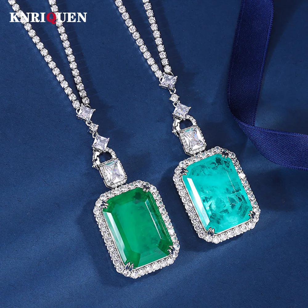 

Charms 20*28mm Paraiba Tourmaline Emerald Pendant Tennis Chain Necklaces for Women Gemstone Lab Diamond Cocktail Party Jewelry