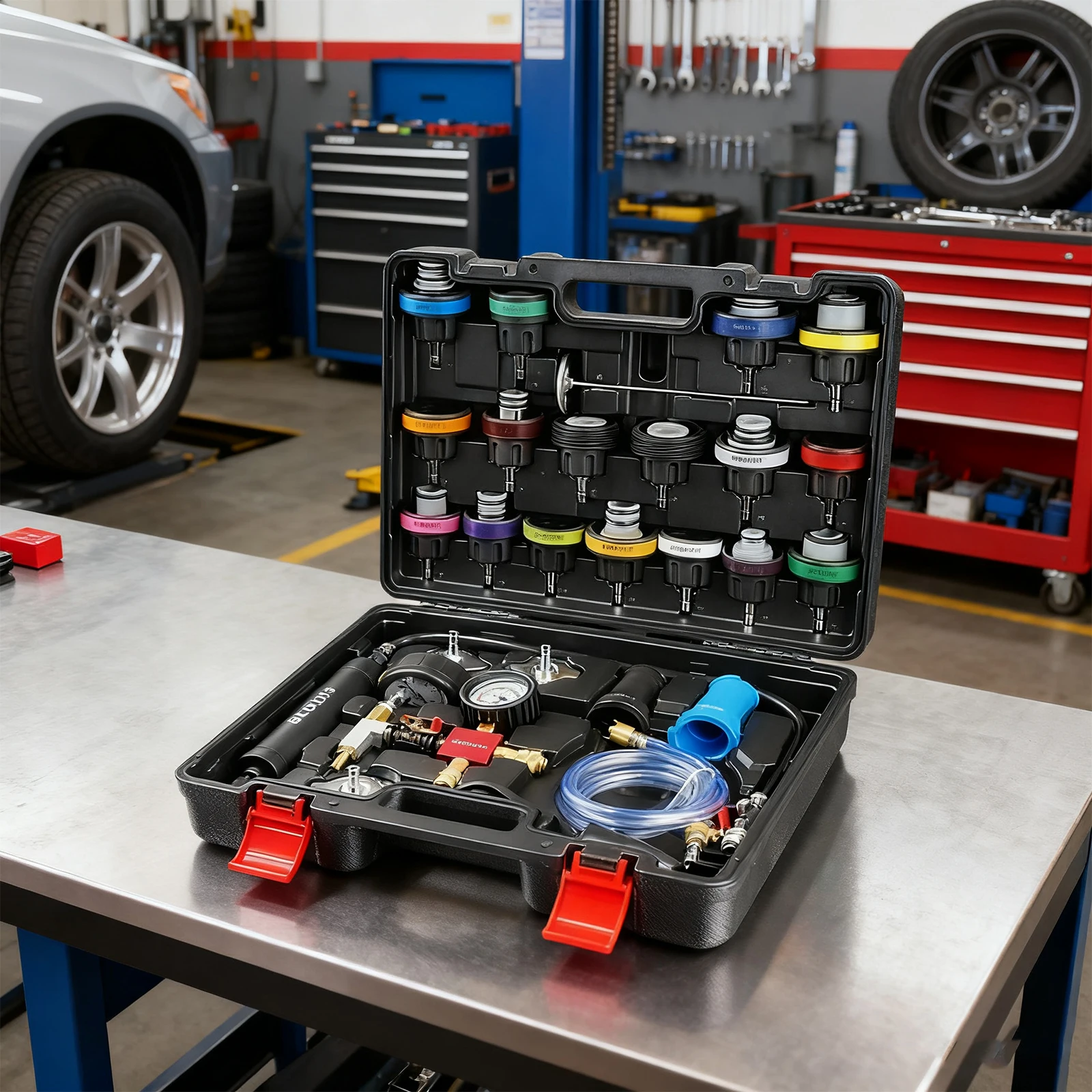 Tester di pressione del radiatore Kit di riempimento sottovuoto universale da 28 pezzi Kit tester di pressione della pompa del radiatore per camion moto auto