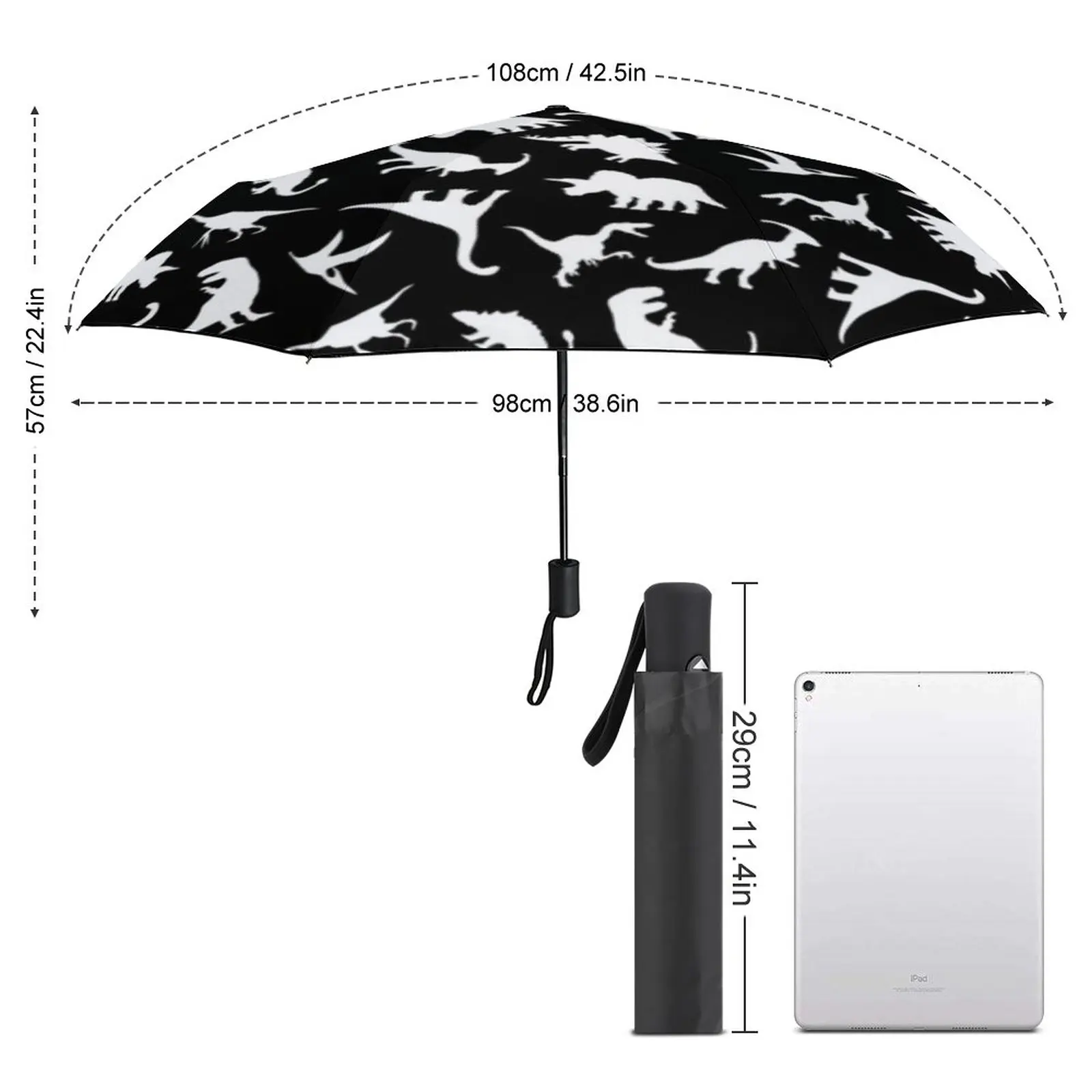 Fun Dinosaurs Umbrella White on Black Graphic Cute Dino Wind Proof Auto Umbrella Aesthetic Design Folding Summer Umbrella