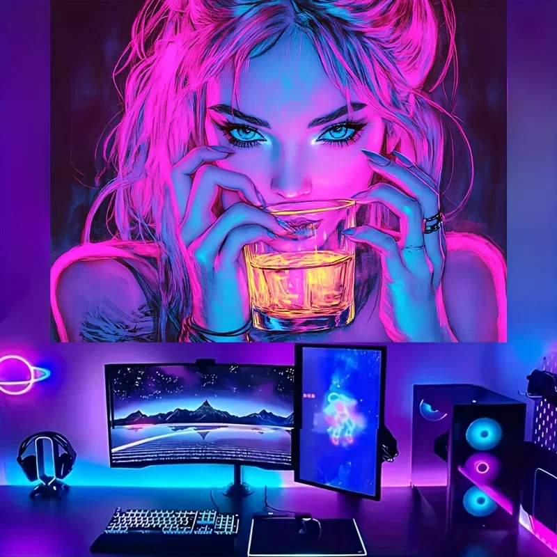 Neon Cyberpunk Girl Tapestry  Soft Microfiber Material  Vibrant Colors Wall Decor  Perfect for Gaming Room  Unique Art Design