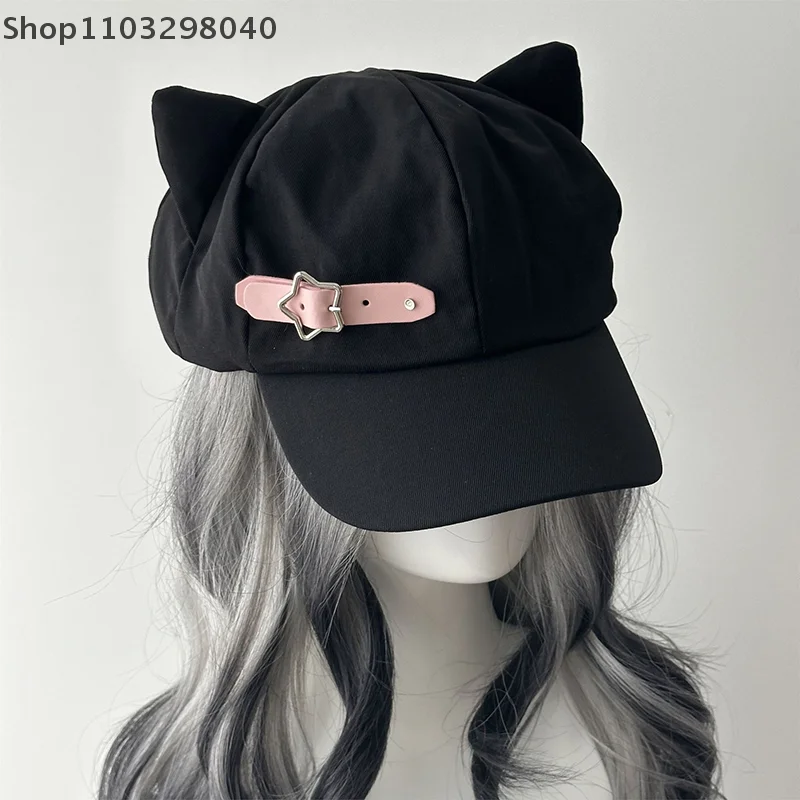 Handmade Women's Harajuku-Inspired Gothic Lolita Beret With Cat Ears,Y2K Aesthetic Steampunk Punk Style Zipper Sun Hat For Girls