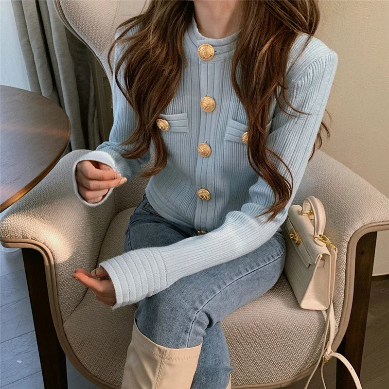 Knitted Cardigans Women Vintage Golden Buttons Short Cropped Sweater Korean Slim Fit Elegant Office Lady Autumn Knitwear N917