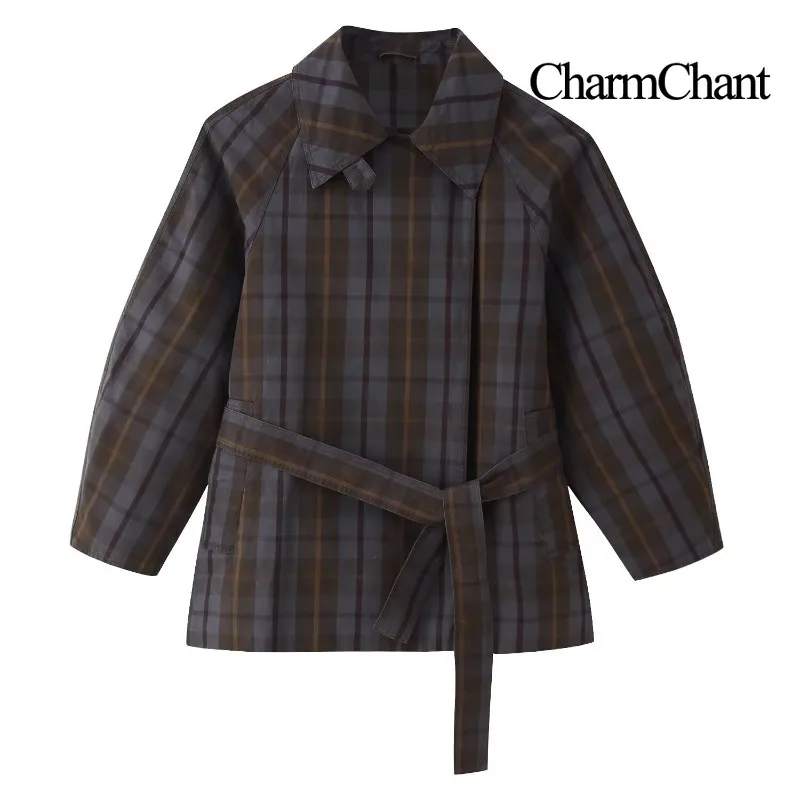 CHARMCHANT Women's Plaid Trench Coat Belted Notch Collar Vintage Checked Long Sleeve Wrap Casual Windbreaker Coat Autumn 2026