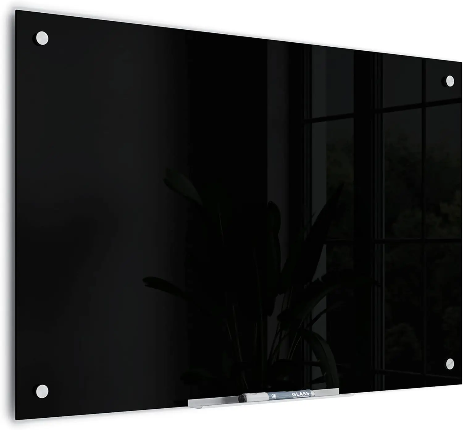 لوح مسح جاف من الزجاج الأسود مقاس 24 × 36 بوصة مع حلقات فضية، تصميم بدون إطار يتضمن قلم تحديد وممحاة #4