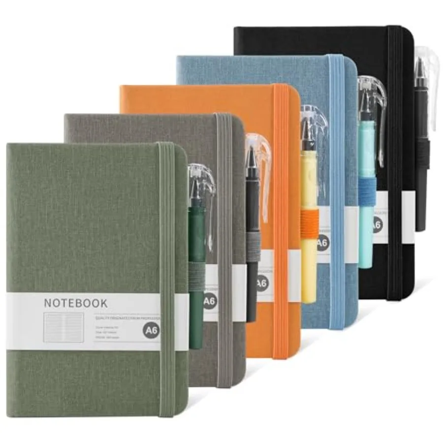 

Small Pocket Notebook Journals with Pen, 5 Pack Fabric Texture Hardcover Lined Notebooks A6 Portable Notepad for Note Taking Ba