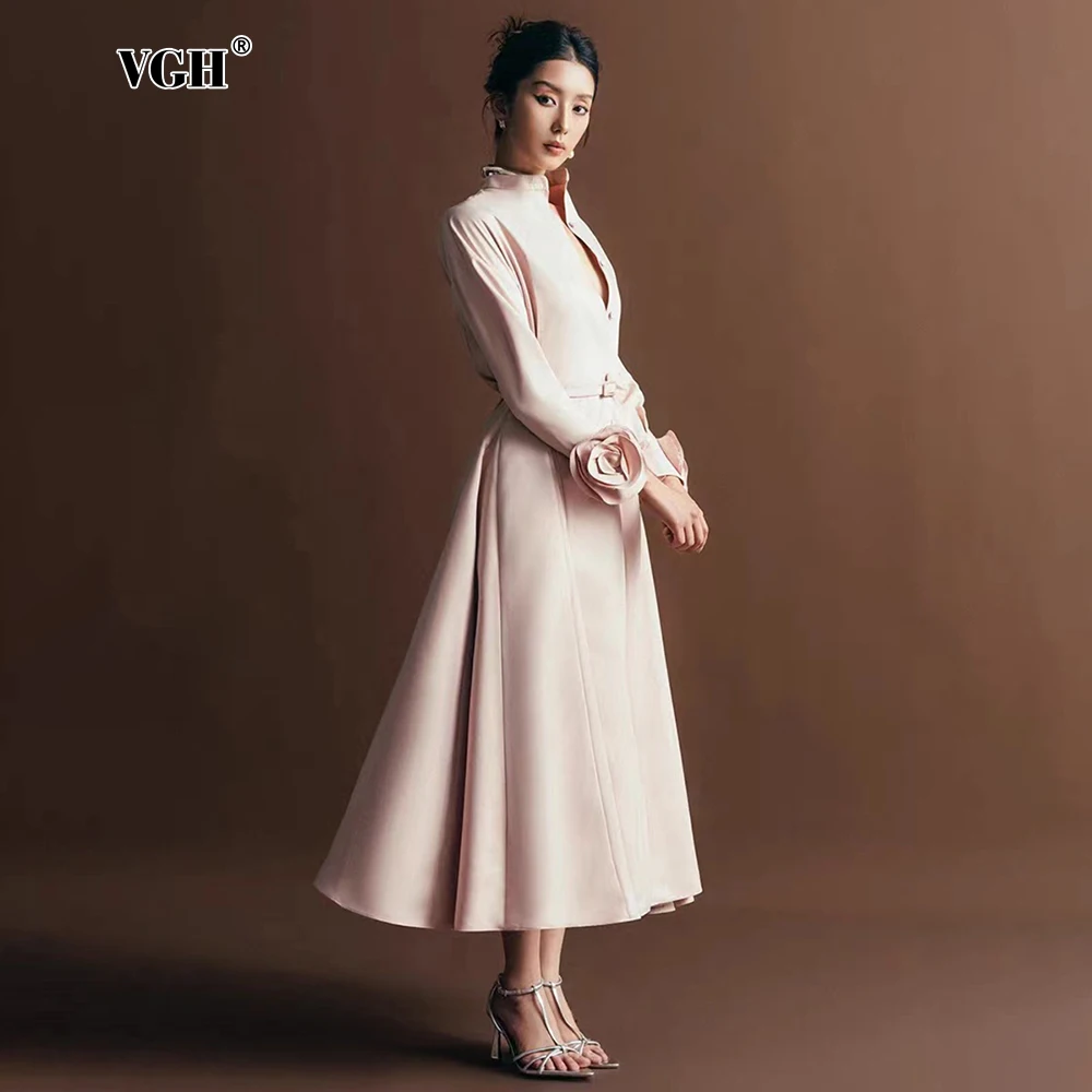 

VGH Solid Elegant Flower Spliced Belt Dresses For Women Stand Collar Long Sleeve High Waist Patchwork Button A Line Dress Female