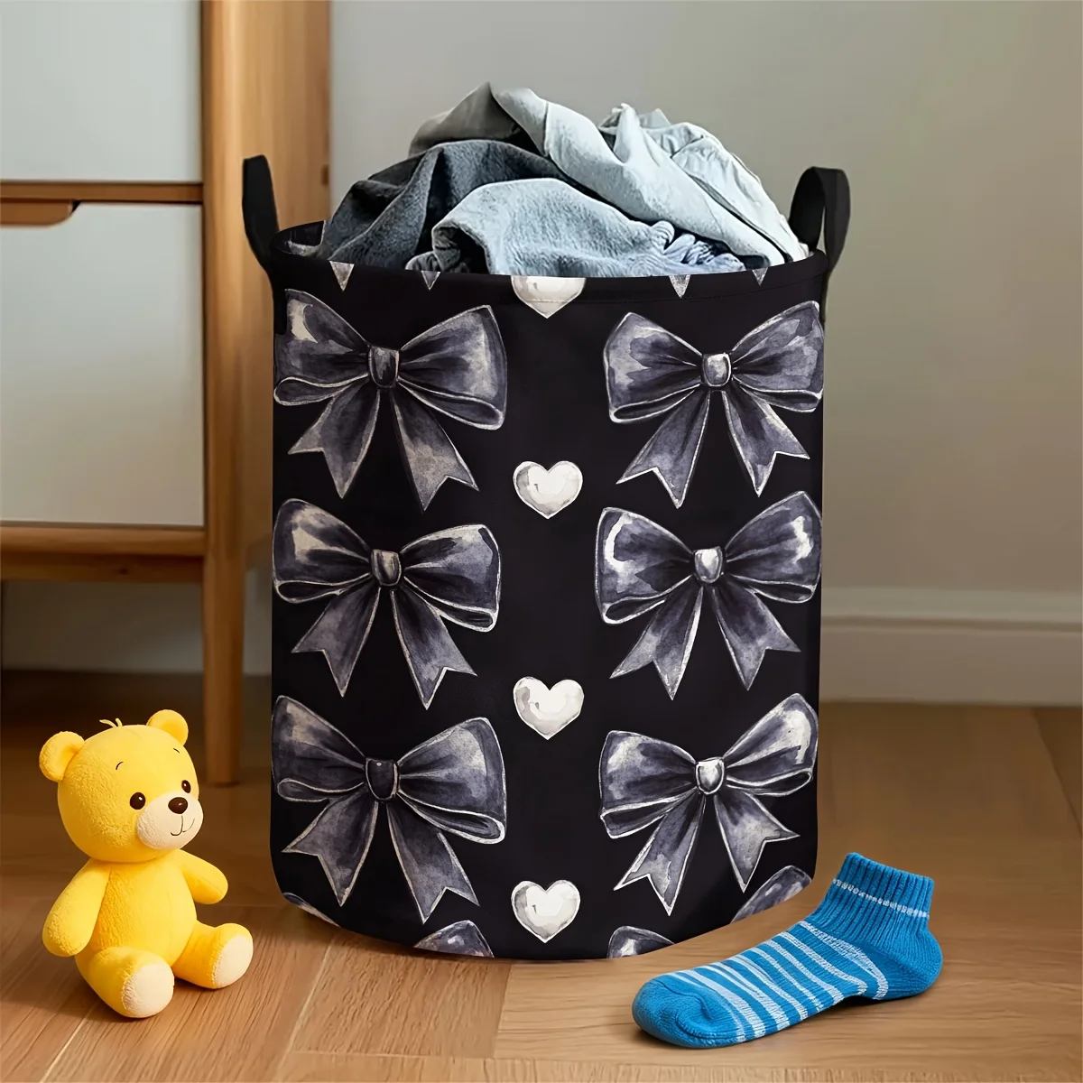 Elegant Bows Decor Foldable Space-Saving Circular Laundry Basket Contemporary Hamper with Sturdy Accent Handle