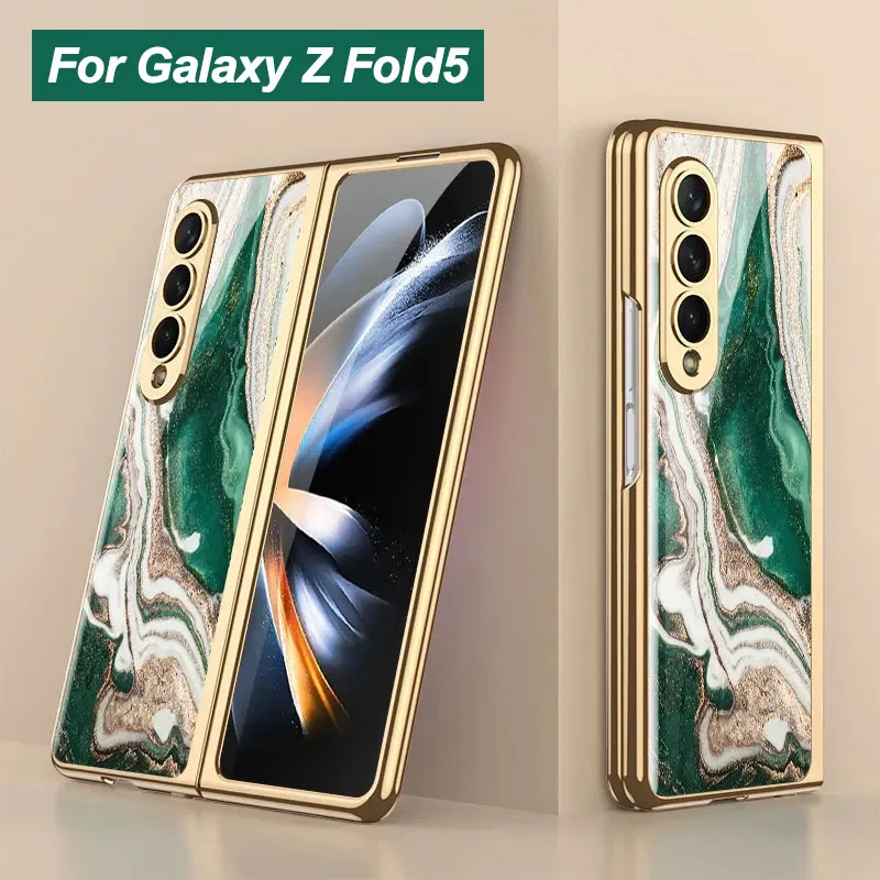 

Luxury Plating Frame Case for Samsung Galaxy Z Fold 4, 5G, Painted Pattern, Tempered Glass, Hard Cover