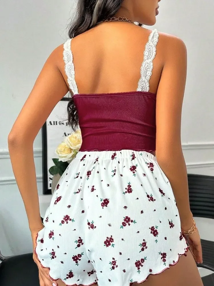 Women Sleepwear Summer Lace V-Neck Pajama Set Cami Top Printed Shorts Soft Pyjamas Sexy Nighties Loungewear image 2