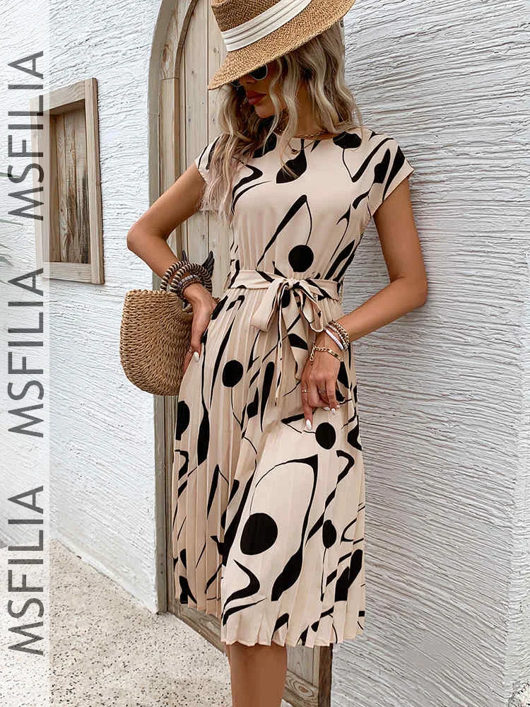Msfilia Spring Summer Fashion Print Dress Women Short Sleeve A-Line Elegant Dress with Belt