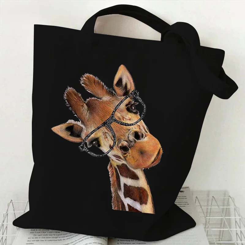 Women Tote Bags Funny Glasses Giraffe Pattern Canvas Shoulder Bag Unisex Designer Lovers Gifts Versatile Storage Bags