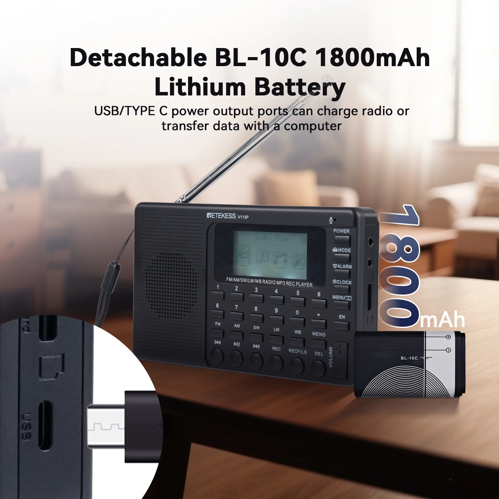 Retekess V115P Радио FM AM SW LW WB Портативные радиоприемники Перезаряжаемая коротковолновая радиостанция с питанием от аккумулятора Полноволновой USB-рекордер для подарка