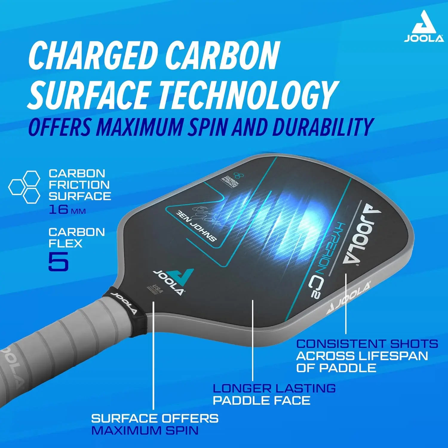 Ben Johns Hyperion C2 Pickleball Paddle - Aero-Curve Hyperion-vorm met opgeladen oppervlaktetechnologie van The Ben Johns Perseus -