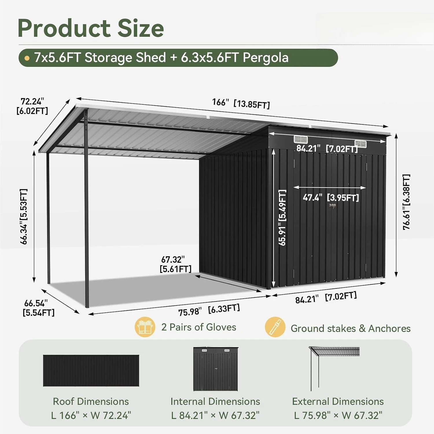 7x6FT Outdoor Storage Shed & Hardtop Canopy Gazebo Combo | 13.3x5.6FT Metal Lean to Shed, 2-in-1 Garden Bike Shed, Customized