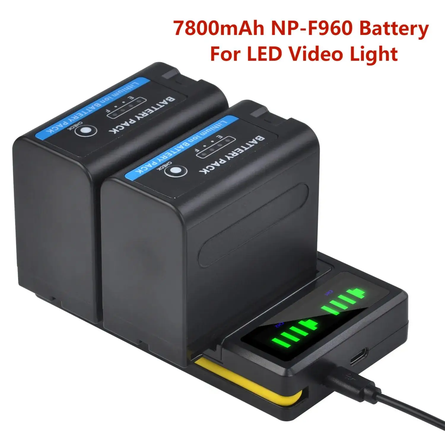 DuraPro NP-F970 NP-F960 Battery 7800mAh with Power Indicator+LED Dual Charger for NP-F LED Video Light,for Sony CCD-RV100 camera