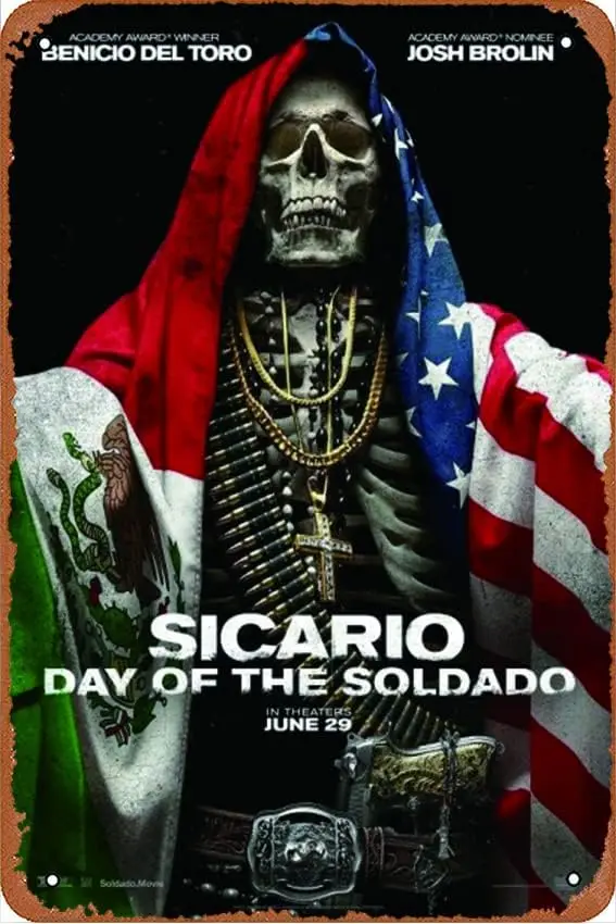 Sicario 2 Day of the Soldado Movie Skeleton Film 12x8 inch Tin Signs Metal Signs Art Poster Retro Suitable for Cafes Office Game