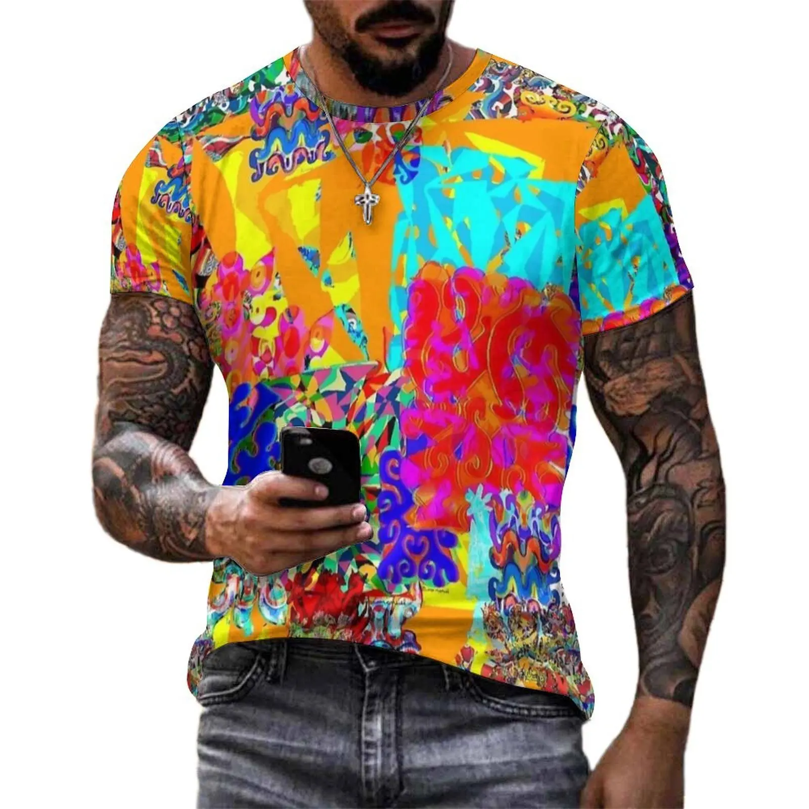 Pink Pop Abstract Mosaic Print T Shirt Hip Hop T Shirts Men Kawaii Tee Shirt Beach Short Sleeve Graphic Clothing Big Size 6XL