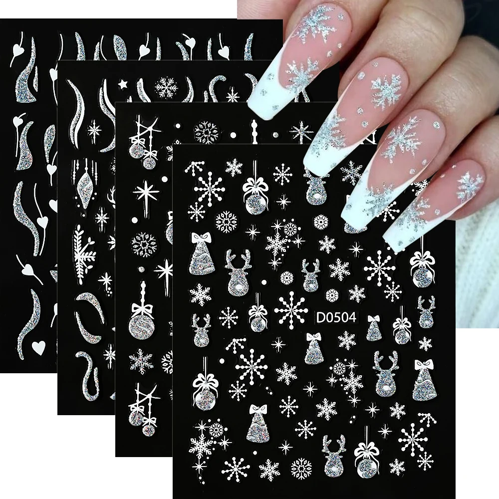 1 pz 3D Natale Glitter Fiocco di neve Adesivo per unghie Oro Argento Alce Pupazzo di neve Campane a nastro Cursori adesivi Natale Manicure Decor Decal