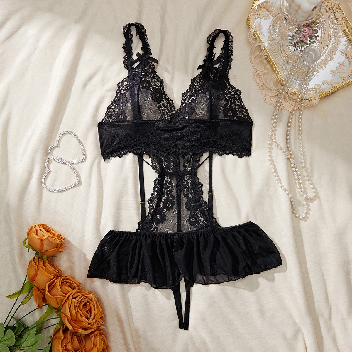 

Plus Size Women's Exotic Lingerie Sets Lace Fluoroscopy Beauty Tulle Elegant Sexy Lingerie Female Underwear Lingerie for Ladies