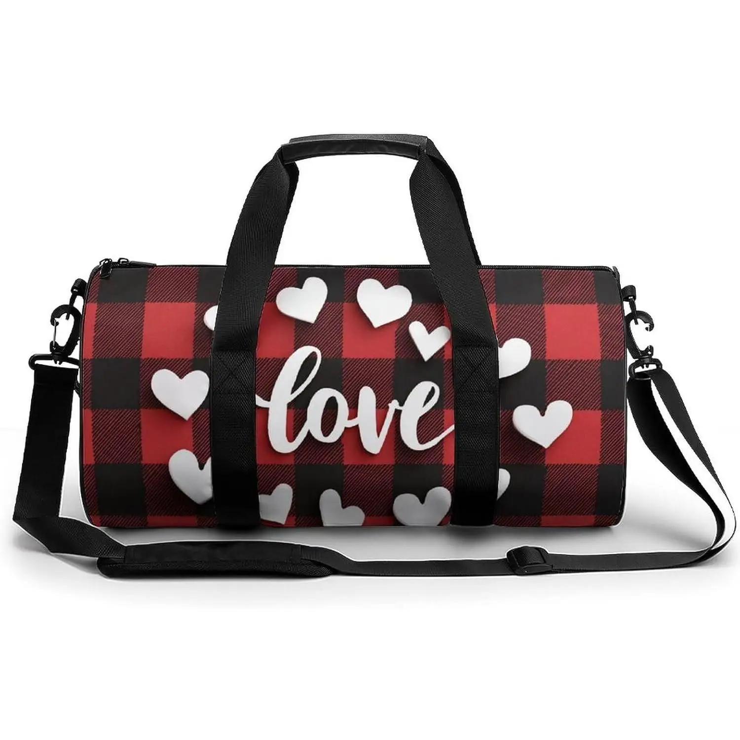 

Valentine's Day Heart Love on Red Black Checkered Pattern Travel Gym Bag for Women Men Cylindrical Duffle Bag Sport