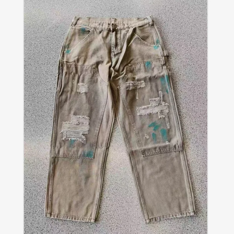 

Винтажные потертые рваные лоскутные брюки цвета хаки, повседневные свободные брюки для мужчин и женщин, джинсы высокого качества с граффити и пуговицами