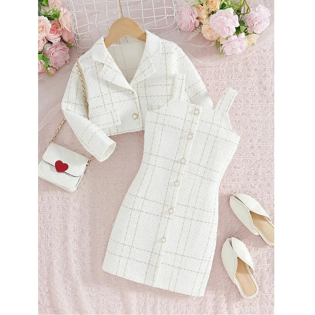 

Girls' Fall/Winter Clothes Set Long Sleeve Jacket + Suspender Dress For Parties Outdoor Summer Children Outfits For 3 4 5 6 7 8Y