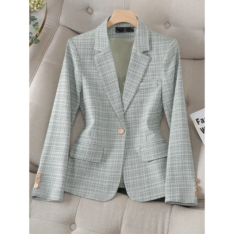 Blazer à carreaux à manches longues pour femmes, vert, abricot, beige, vêtements de travail d'affaires, veste formelle mince pour dames, automne, hiver